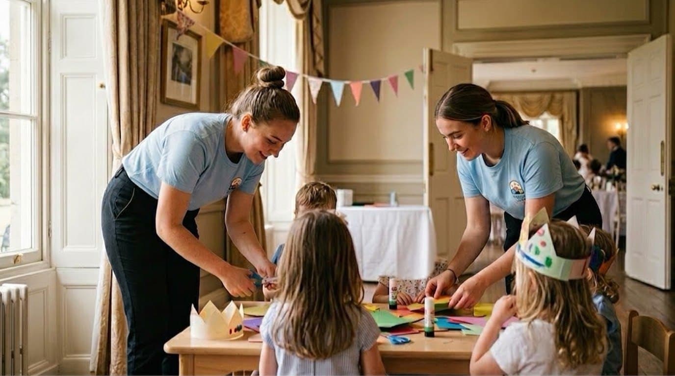 Two carers helping children make paper crowns at a craft table