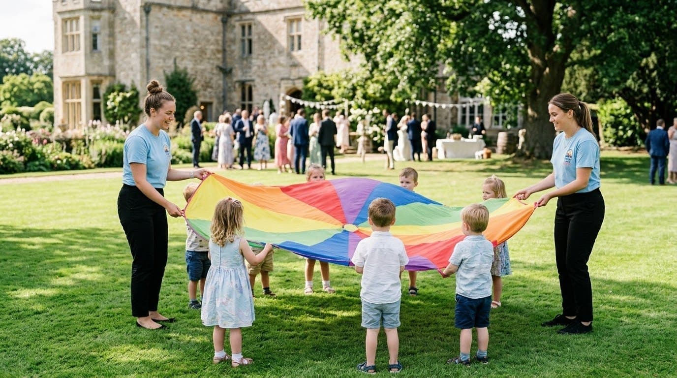Two carers leading a rainbow parachute game on a lawn at a wedding